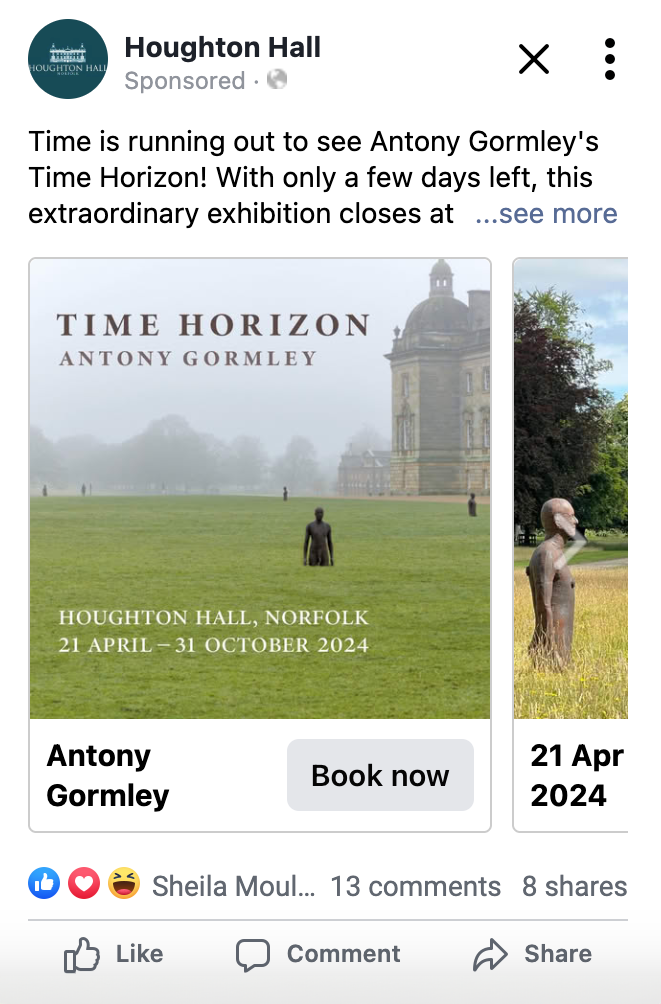 Screenshot of paid social ad for Time Horizon exhibit at Houghton Hall