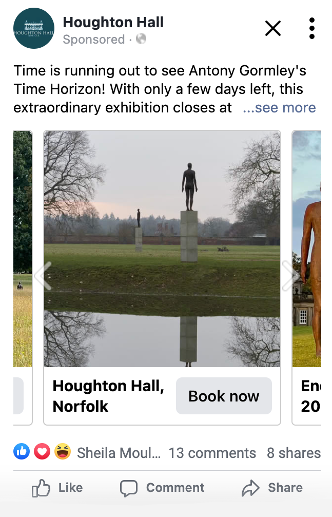 Screenshot of paid social ad on Facebook for Antony Gormley exhibit at Houghton Hall