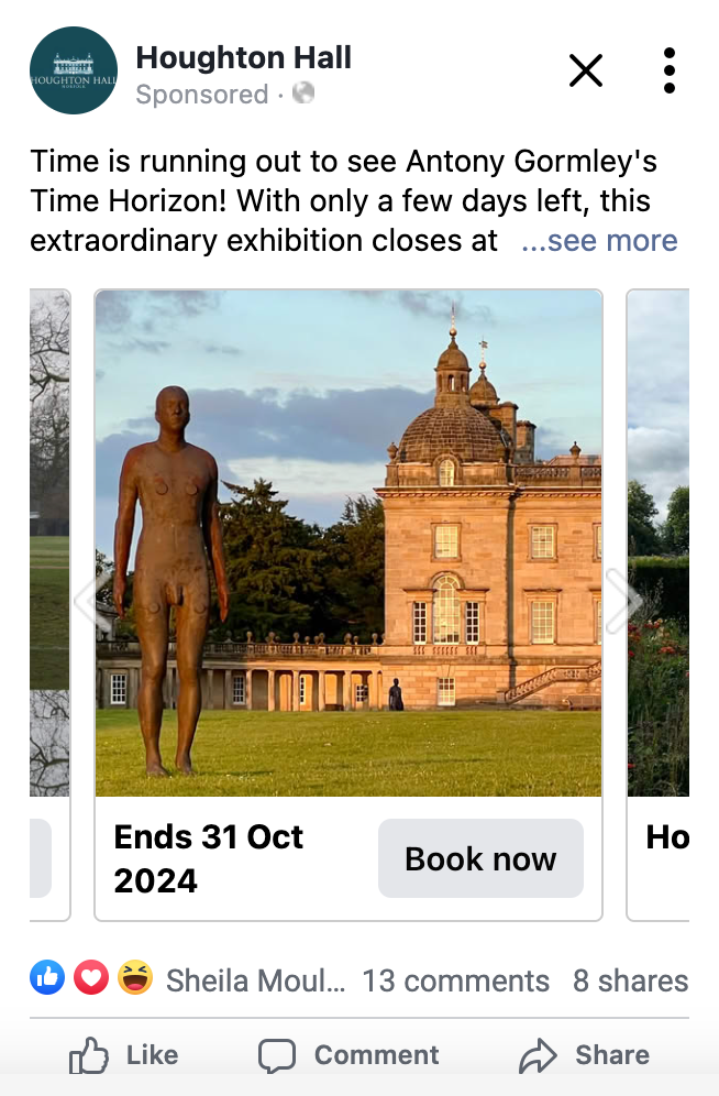 Screenshot of paid social ad for Antony Gormley exhibit at Houghton Hall