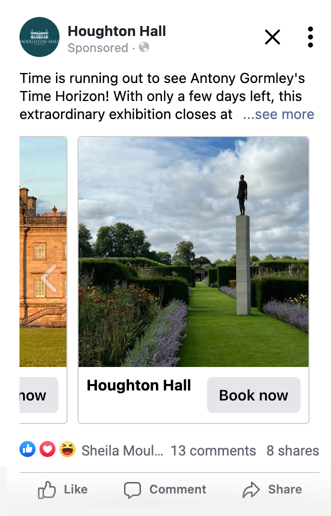 Screenshot of paid social ad on Facebook for Houghton Hall exhibit