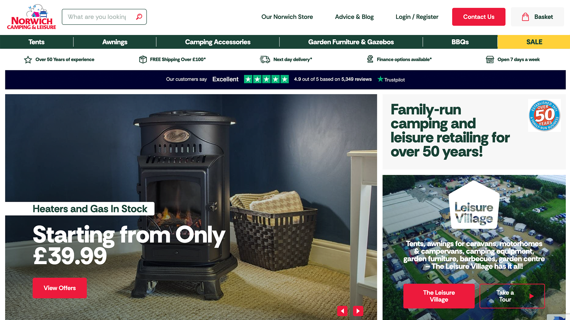 Screenshot of new Norwich Camping website homepage