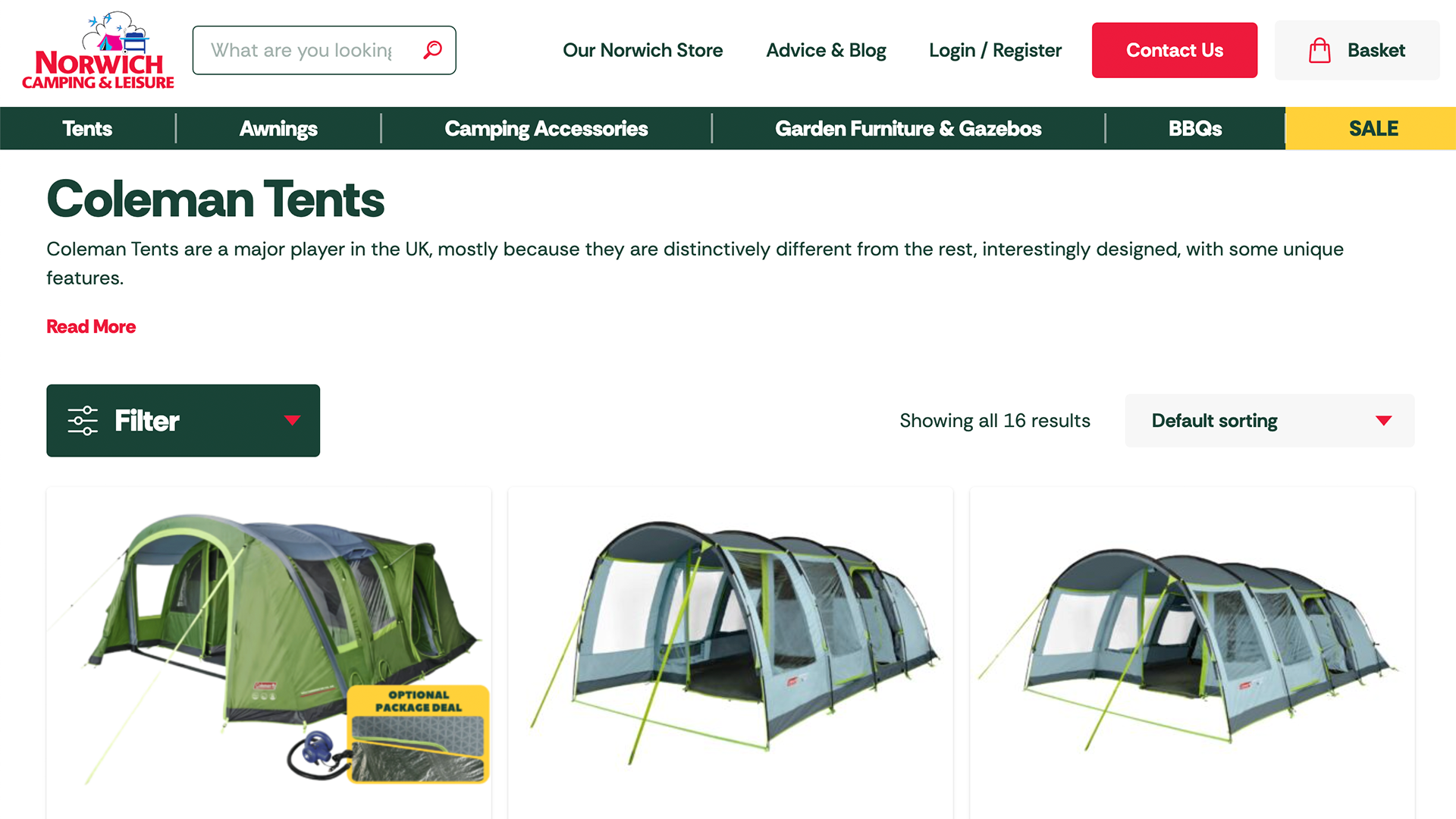 Screenshot of new Norwich Camping website tent category page