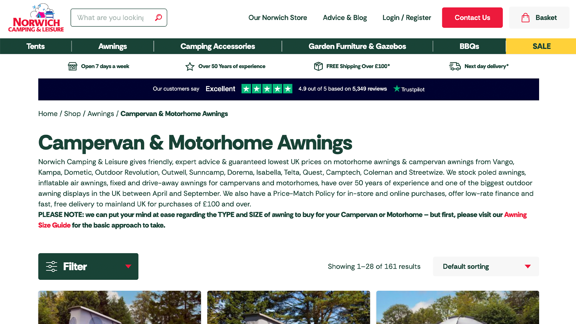 Screenshot of new Norwich Camping website campervan awnings page