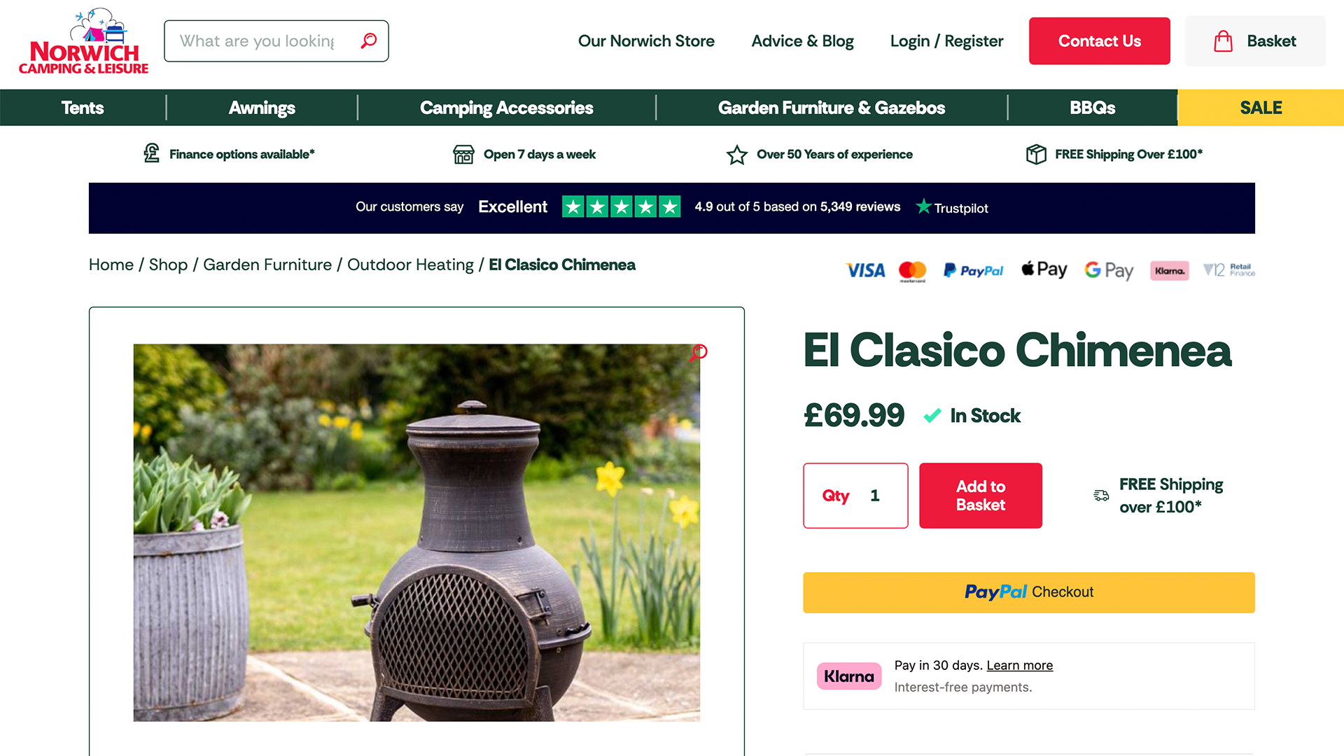 Screenshot of new Norwich Camping website fire pit product page