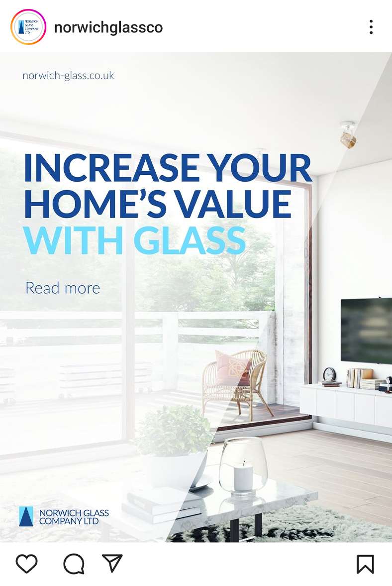 'Increase your home's value with glass' social media graphic with photo of living room with windows